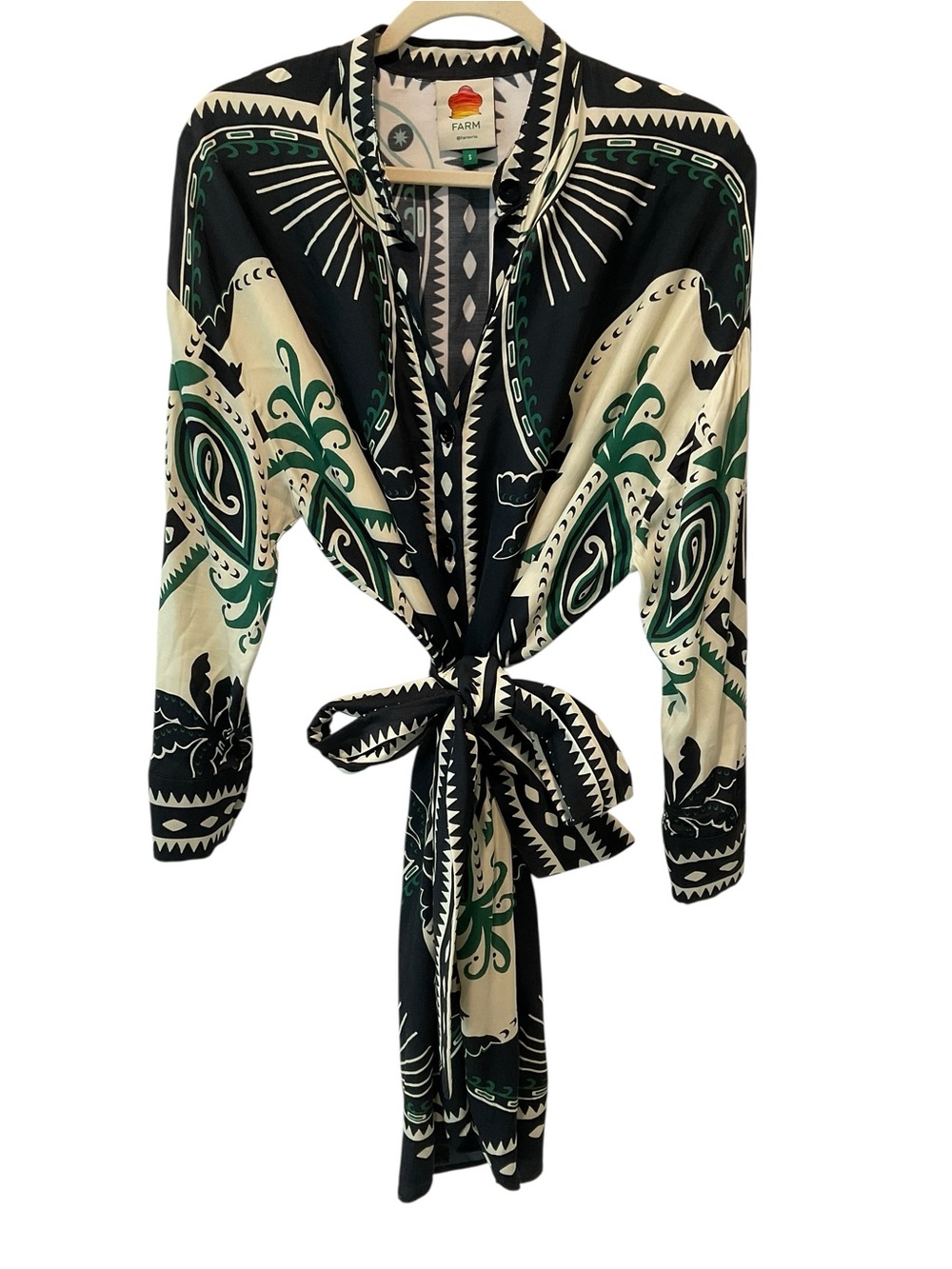 FARM Rio Mystic Scarf Chemise Dress Small Black Cream Celestial Palm Print - Picture 4 of 8